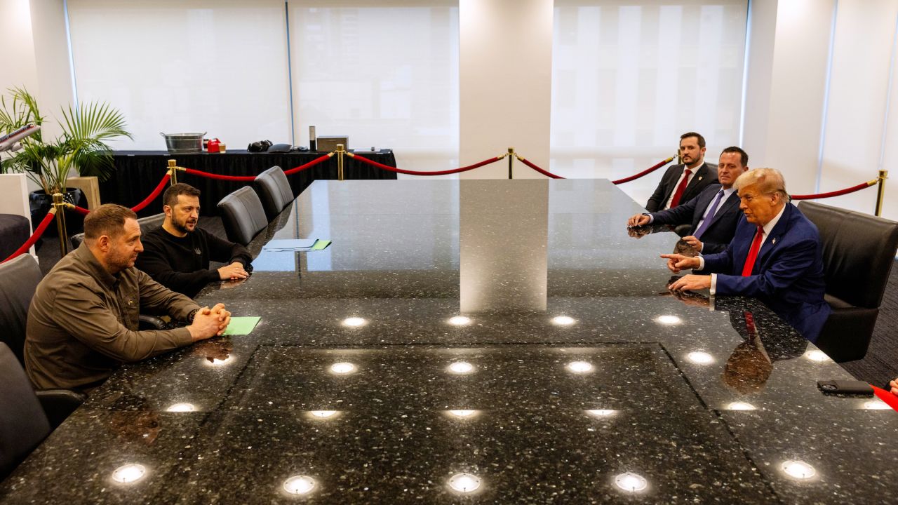 Volodymyr Zelensky and Donald Trump are seen speaking at Trump Tower in New York City on Friday.