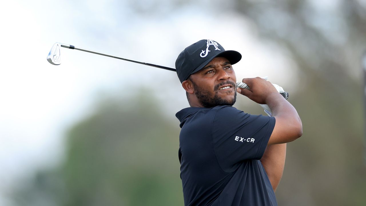 DALLAS, TEXAS - SEPTEMBER 22: Harold Varner III of The United States and the 4Aces GC team plays his second shot on the 18th hole during the individual team stroke-play finals on day three of the LIV Golf Team Championship Dallas at Maridoe Golf Club on September 22, 2024 in Dallas, Texas. (Photo by David Cannon/Getty Images)