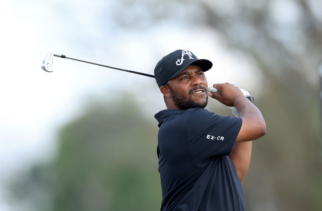 DALLAS, TEXAS - SEPTEMBER 22: Harold Varner III of The United States and the 4Aces GC team plays his second shot on the 18th hole during the individual team stroke-play finals on day three of the LIV Golf Team Championship Dallas at Maridoe Golf Club on September 22, 2024 in Dallas, Texas. (Photo by David Cannon/Getty Images)