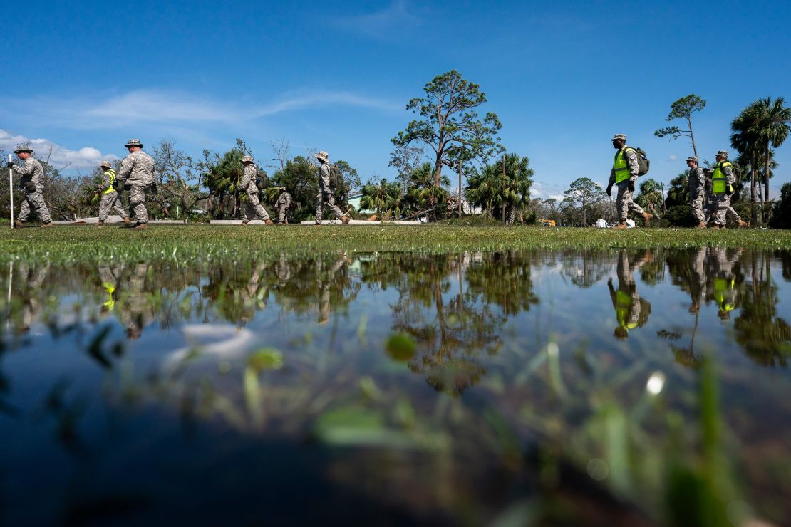 Florida State Guardsmen on a search and recovery mission in the aftermath of Hurricane Helene on September 27, 2024 in Steinhatchee, Florida.