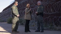 US Vice President and Democratic presidential candidate Kamala Harris (C) visits the US-Mexico border with US Border Patrol Tucson Sector Chief John Modlin (R) in Douglas, Arizona, on September 27, 2024. (Photo by Rebecca NOBLE / AFP) (Photo by REBECCA NOBLE/AFP via Getty Images)