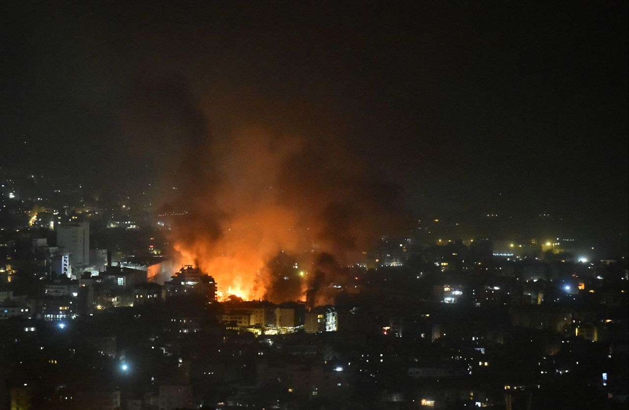 Smoke billows from the site of an Israeli airstrike that targeted a neighborhood in Beirut's southern suburb early on Saturday, September 28.