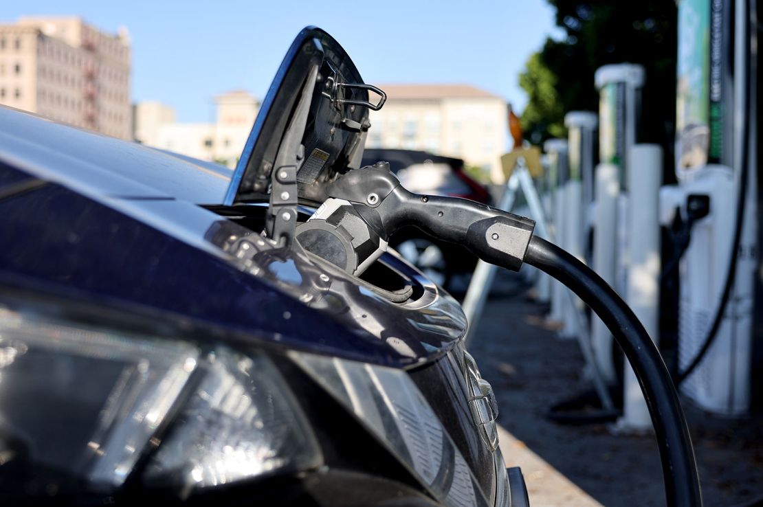 A Nissan LEAF recharges at a charging station in Pasadena, California.