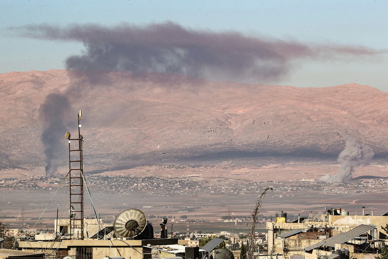 Smoke billows from the site of Israeli strikes that targeted villages near Lebanon's eastern city of Baalbeck in the Beqaa valley on September 28, 2024.