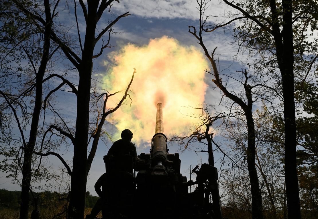 Ukrainian servicemen of the 43 Artillery Brigade fire a 2S7 Pion self-propelled cannon toward Russian positions at a front line in the Donetsk region on September 27, 2024.