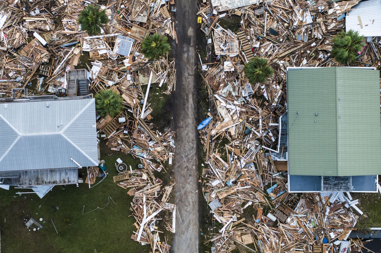 An aerial view of damaged houses are seen after Hurricane Helene made landfall in Horseshoe Beach, Florida, on September 28.