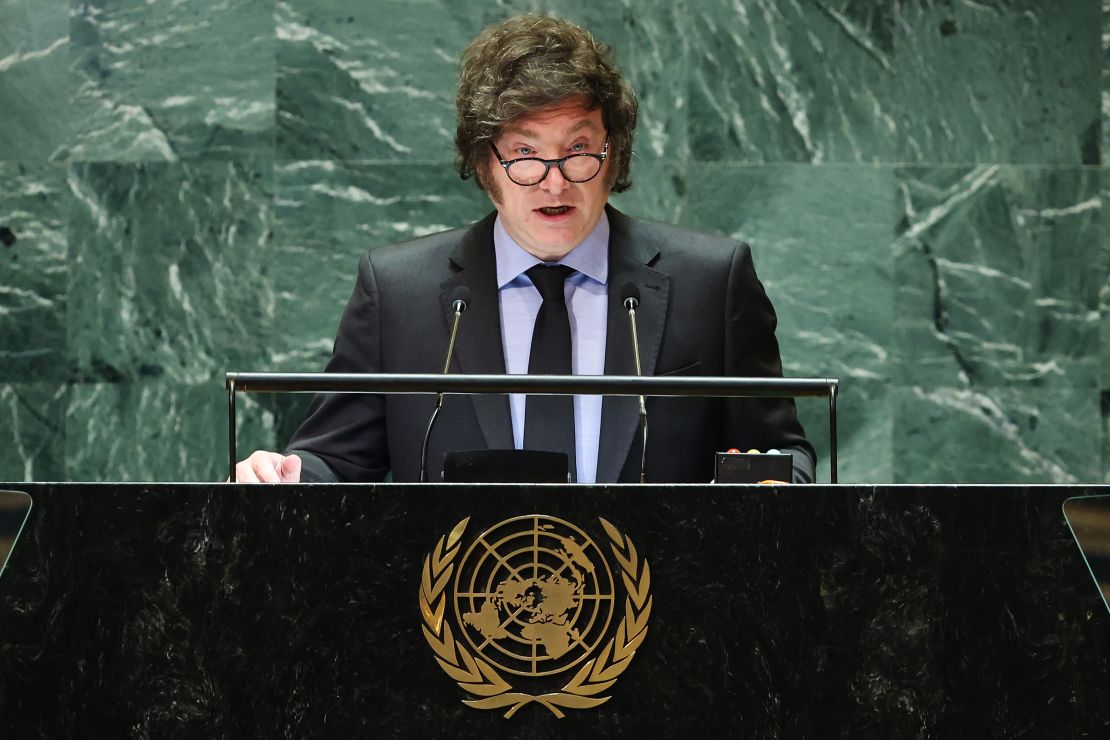 Javier Milei, president of Argentina, speaks during UNGA at the United Nations headquarters on September 24, 2024 in New York City.