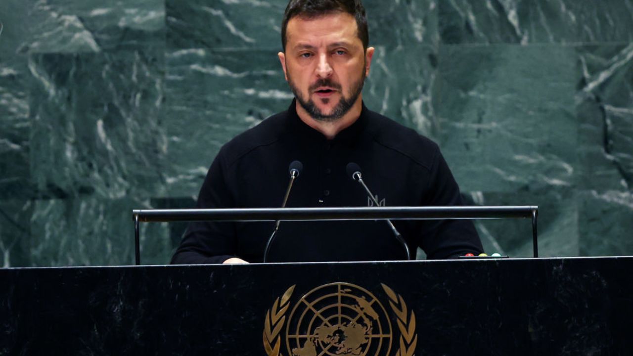 NEW YORK, NEW YORK - SEPTEMBER 25:  Ukraine President Volodymyr Zelensky addresses world leaders during the United Nations General Assembly (UNGA) at the United Nations headquarters on September 25, 2024 in New York City. World leaders convened for the General Assembly as the world continues to experience major wars in Gaza, Ukraine, and Sudan along with a threat of a larger conflict in the Middle East. (Photo by Spencer Platt/Getty Images)