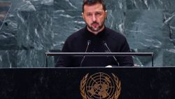 NEW YORK, NEW YORK - SEPTEMBER 25:  Ukraine President Volodymyr Zelensky addresses world leaders during the United Nations General Assembly (UNGA) at the United Nations headquarters on September 25, 2024 in New York City. World leaders convened for the General Assembly as the world continues to experience major wars in Gaza, Ukraine, and Sudan along with a threat of a larger conflict in the Middle East. (Photo by Spencer Platt/Getty Images)