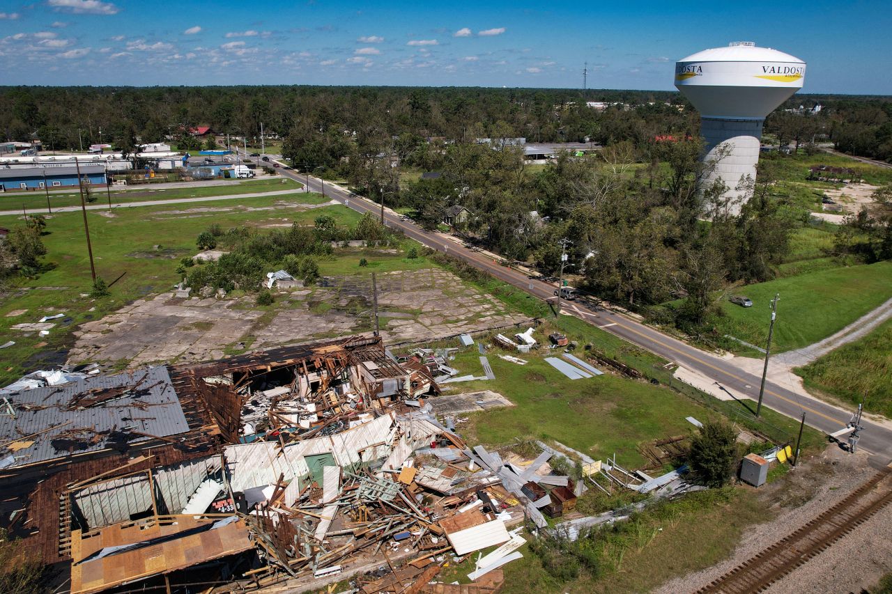 An aerial picture taken Saturday shows damage in the aftermath of Hurricane Helene in Valdosta, Georgia.