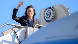 US Vice President and Democratic presidential candidate Kamala Harris waves as she boards Air Force Two departing San Francisco International Airport in San Francisco, California on September 28, 2024. Harris was in San Francisco where she attended a political event. (Photo by JOSH EDELSON / AFP) (Photo by JOSH EDELSON/AFP via Getty Images)