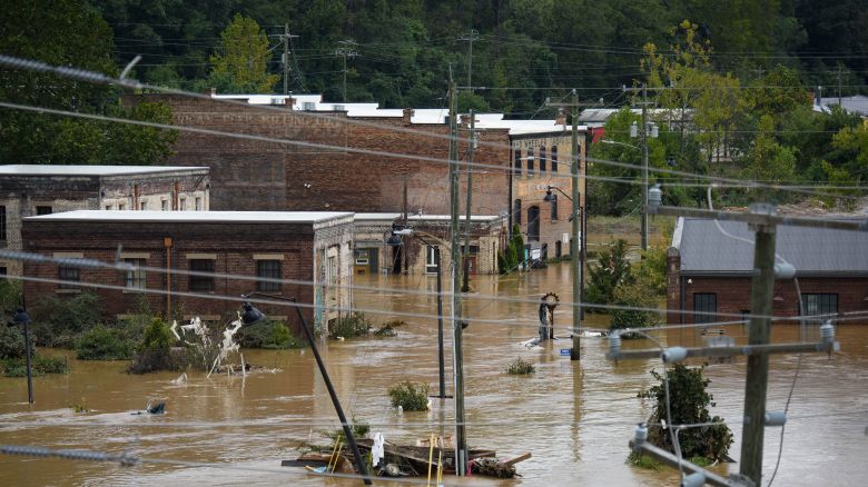 Heavy rains from hurricane Helene caused record flooding and damage on September 28, 2024 in Asheville, North Carolina.