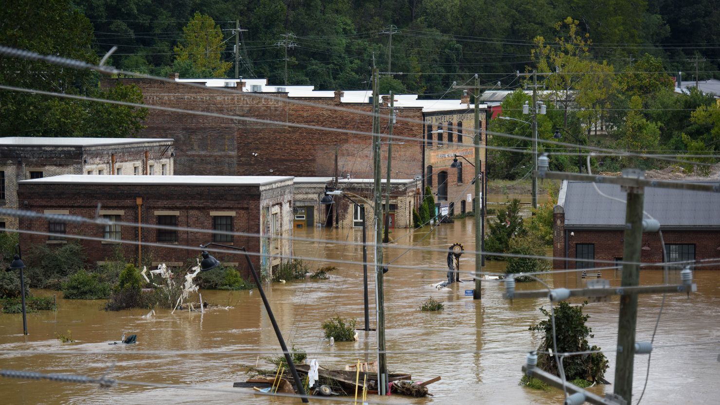 Heavy rains from hurricane Helene caused record flooding and damage on September 28, 2024 in Asheville, North Carolina.