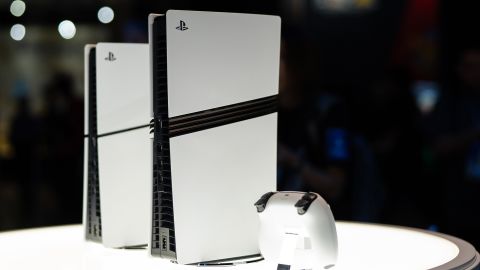 Sony PlayStation 5 Pro (R) and PlayStation 5 Digital Edition (L) video game consoles are displayed during the Tokyo Game Show 2024 at Makuhari Messe on September 26, 2024 in Chiba, Japan.
