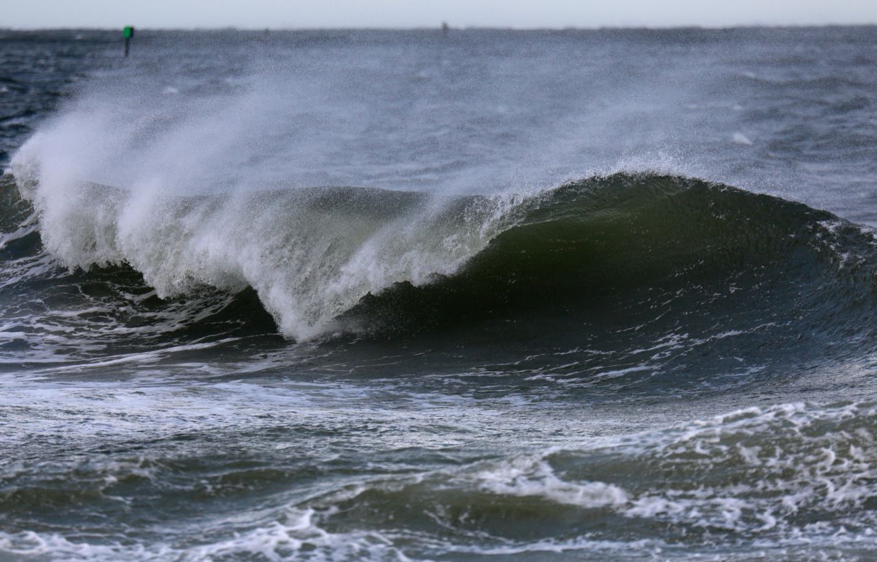 The Gulf of Mexico water pushes up against the shore as Hurricane Helene builds offshore at St. Pete Beach, Florida, on September 26.