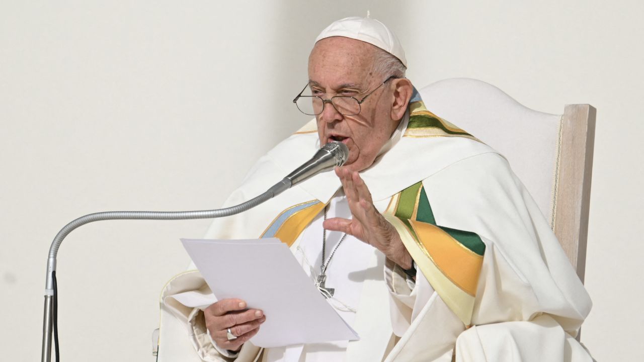 Pope Francis holds a holy mass a King Baudouin stadium, in Brussels on September 29, 2024. The pope is on a four-day apostolic journey to Luxembourg and Belgium. (Photo by Alberto PIZZOLI / AFP) (Photo by ALBERTO PIZZOLI/AFP via Getty Images)