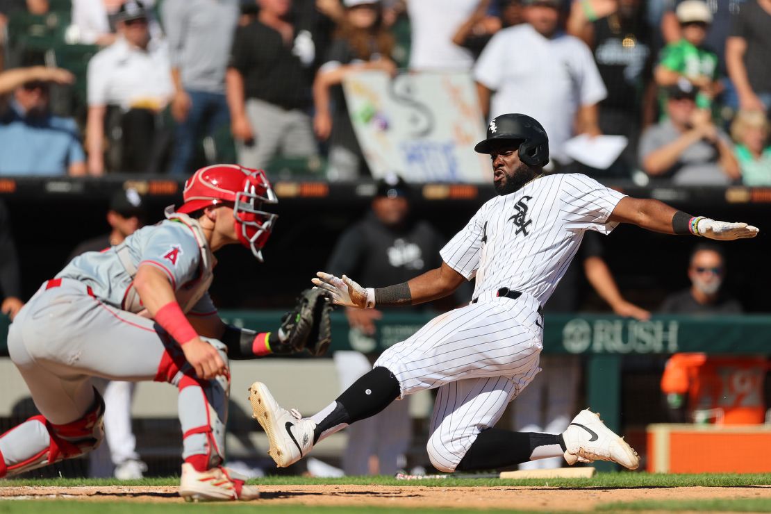 White Sox third baseman Bryan Ramos scores past Angels catcher Logan O'Hoppe in the fifth inning at Guaranteed Rate Field.