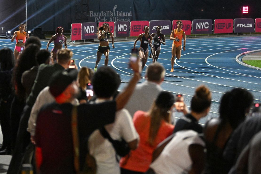 Athletes compete in the 200m during Athlos NYC at Icahn Stadium on September 26, 2024 in New York City.