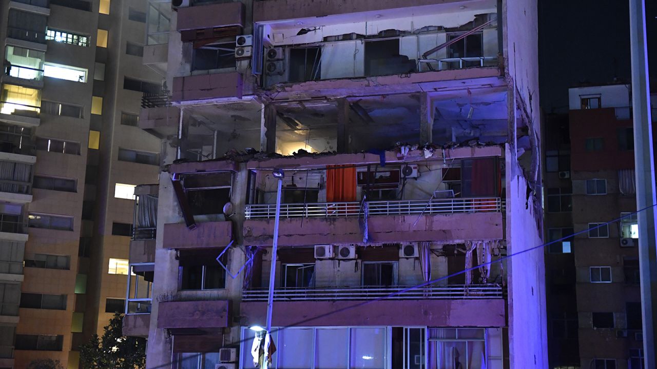 An apartment was damaged in an airstrike on a multi-story building in Beirut, Lebanon's capital, on Monday.