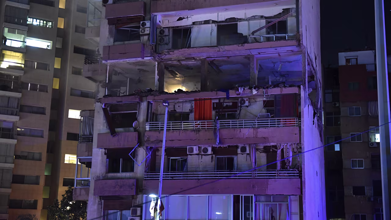 An apartment was damaged in an airstrike on a multi-story building in Beirut, Lebanon's capital, on Monday.