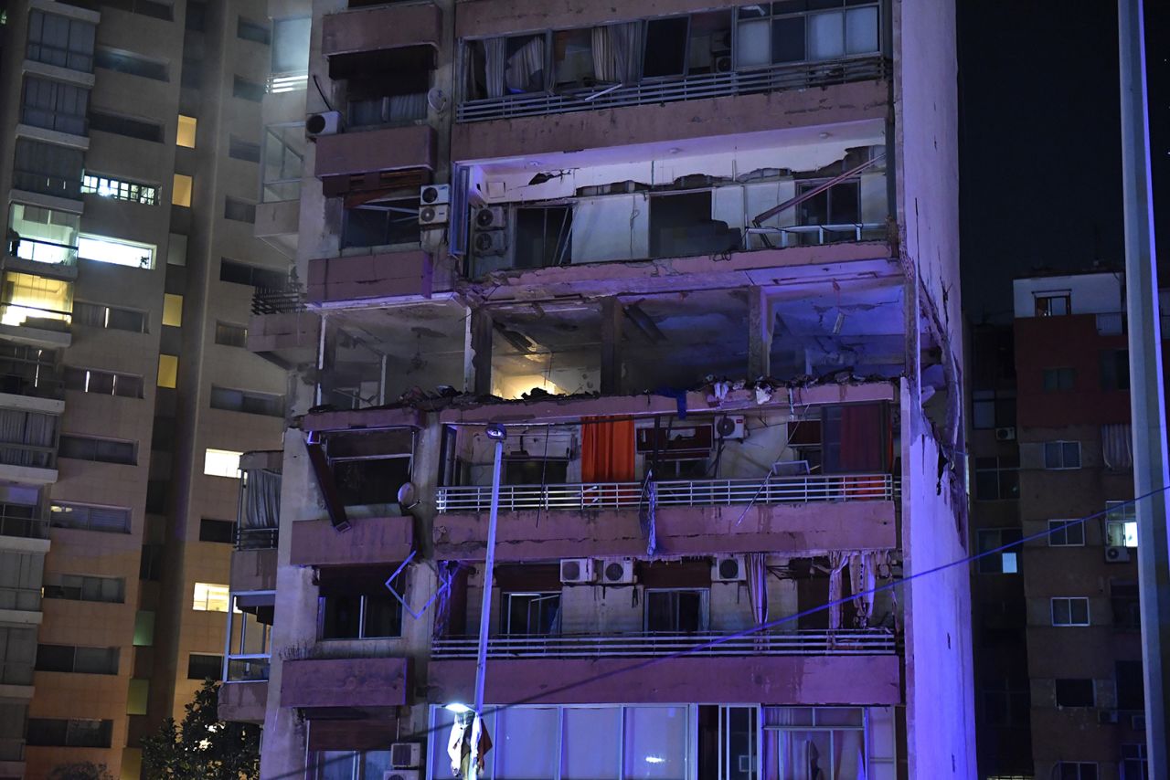 An apartment was damaged in an airstrike on a multi-story building in Beirut, Lebanon's capital, on Monday.