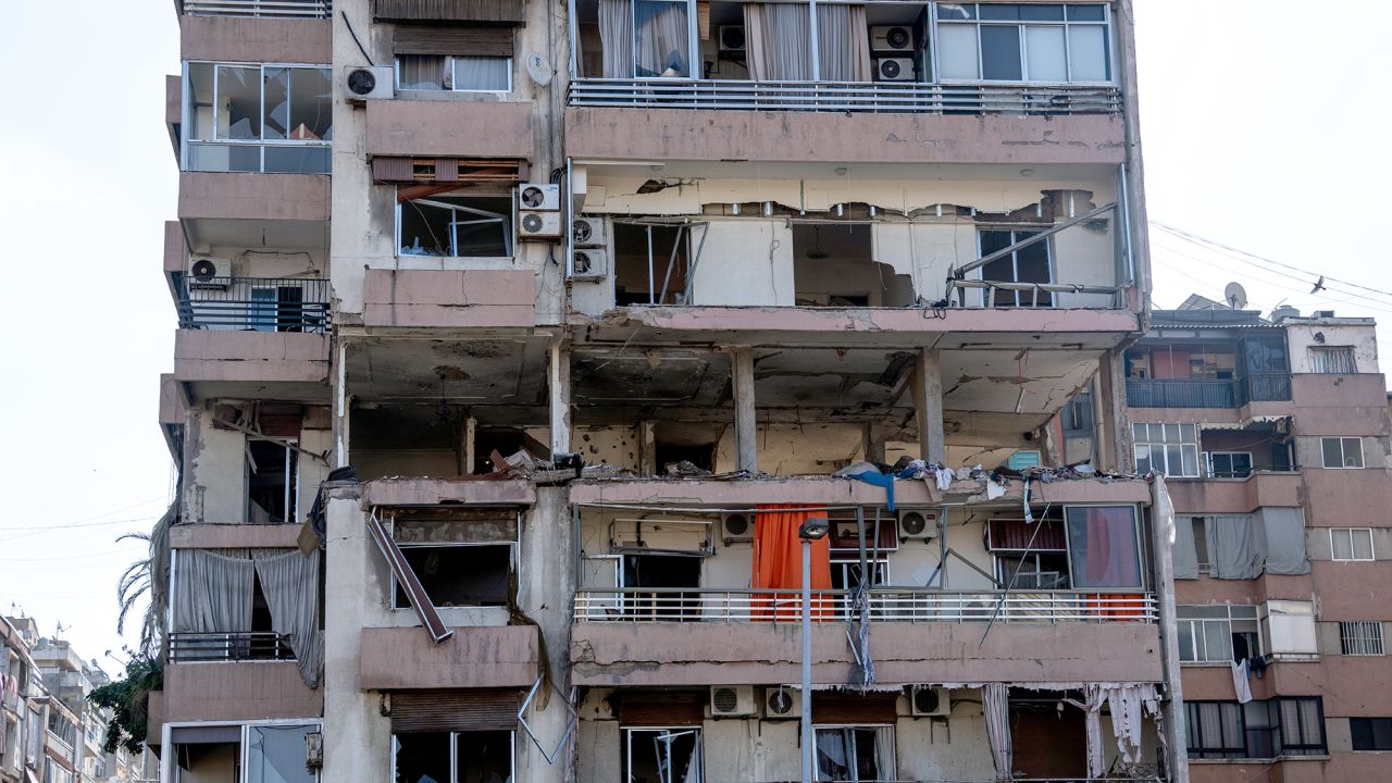 An apartment blocks stands in partial ruins after being hit by an Israeli airstrike on September 30, in Beirut, Lebanon.