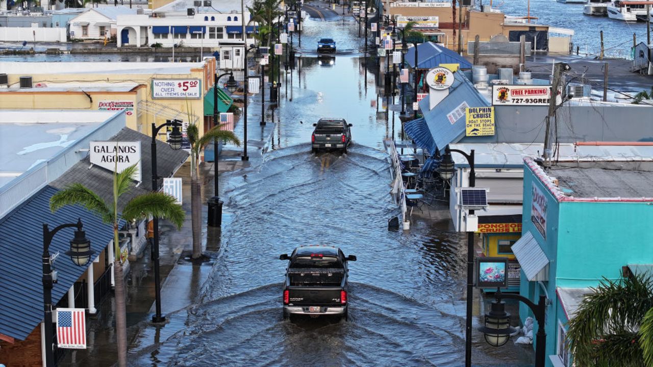 TARPON SPRINGS, FLORIDA - SEPTEMBER 27: Flood waters inundate the main street after Hurricane Helene ed offshore on September 27, 2024 in Tarpon Springs, Florida. Hurricane Helene made landfall Thursday night in Florida's Big Bend with winds up to 140 mph and storm surges. (Photo by Joe Raedle/Getty Images)