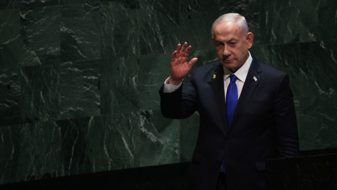 NEW YORK, NEW YORK - SEPTEMBER 27: Israeli Prime Minister Benjamin Netanyahu concludes his speech to world leaders during the United Nations General Assembly (UNGA) at the United Nations headquarters on September 27, 2024 in New York City. World leaders convened for the General Assembly as the world continues to experience major wars in Gaza, Ukraine and, Sudan along with a threat of a larger conflict in the Middle East. (Photo by Spencer Platt/Getty Images)