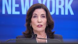 New York Gov. Kathy Hochul at a press on conference at the World Trade Center in New York City on September 30, 2024.