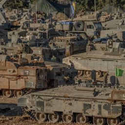 ISRAEL - LEBANESE Border, Upper Galilee, - SEPTEMBER 30: Israeli tanks and APC’s gathering by the Israeli - Lebanese border on September 30, 2024. Amid Israel's escalating campaign against Hezbollah in Lebanon, speculation continues over a possible ground offensive. Last week, Israeli Chief of Staff Lt. Gen. Herzi Halevi said Israel's recent airstrikes were designed to "prepare the ground for your possible entry and to continue degrading Hezbollah." (Photo by Erik Marmor/Getty Images)