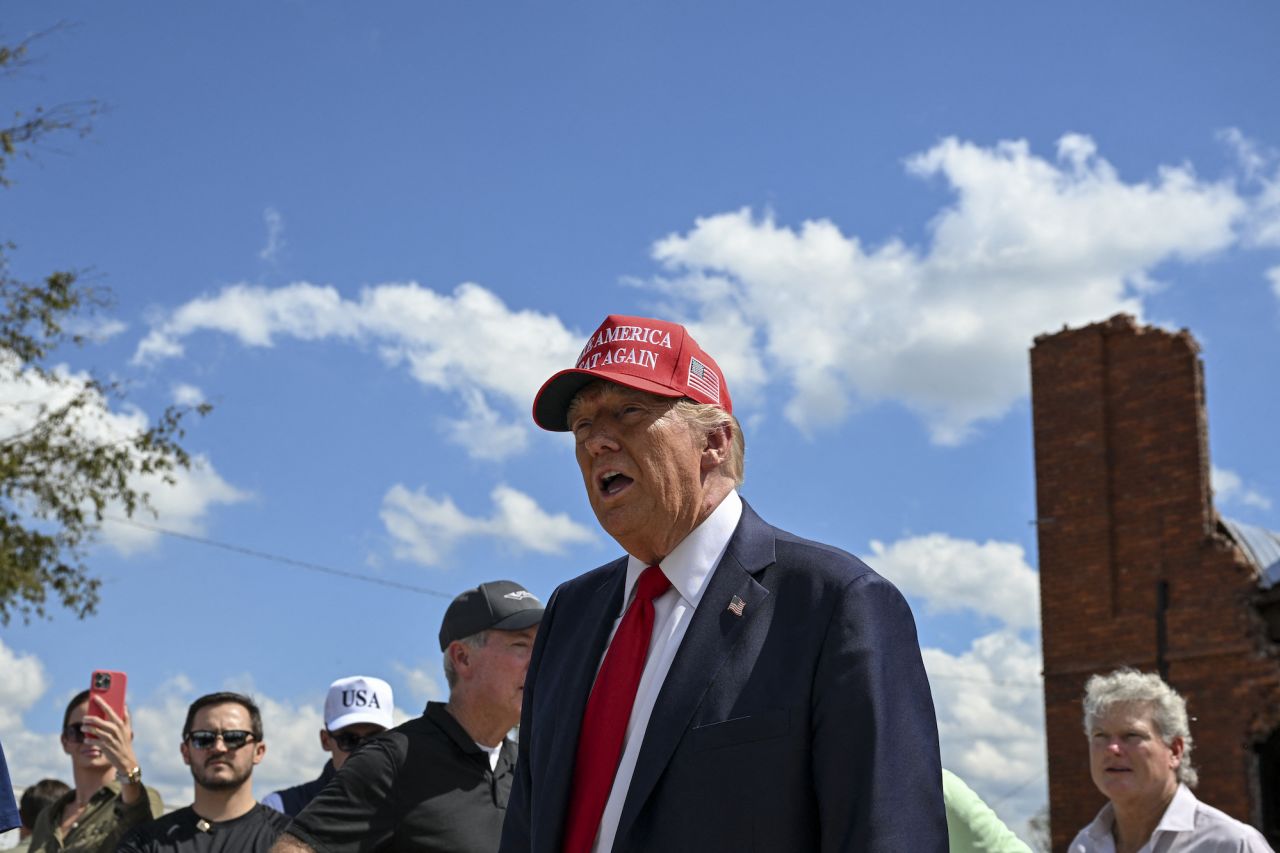 Former President Donald Trump delivers remarks to the press in the aftermath of powerful storm Helene at Chez What furniture store in Valdosta, Georgia, on September 30.