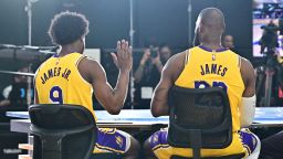 Los Angeles Lakers #23 LeBron James and his son #9 Bronny James attend the Lakers media day at UCLA Health Training Center in El Segundo, California, September 30, 2024. (Photo by Frederic J. BROWN / AFP) (Photo by FREDERIC J. BROWN/AFP via Getty Images)