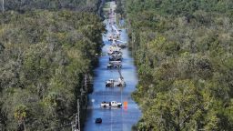 CRYSTAL RIVER, FLORIDA - SEPTEMBER 27: In this aerial view, power crews work on the lines after Hurricane Helene passed offshore on September 27, 2024 in Crystal River, Florida. Hurricane Helene made landfall Thursday night in Florida's Big Bend with winds up to 140 mph and storm surges. (Photo by Joe Raedle/Getty Images)