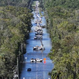 CRYSTAL RIVER, FLORIDA - SEPTEMBER 27: In this aerial view, power crews work on the lines after Hurricane Helene passed offshore on September 27, 2024 in Crystal River, Florida. Hurricane Helene made landfall Thursday night in Florida's Big Bend with winds up to 140 mph and storm surges. (Photo by Joe Raedle/Getty Images)