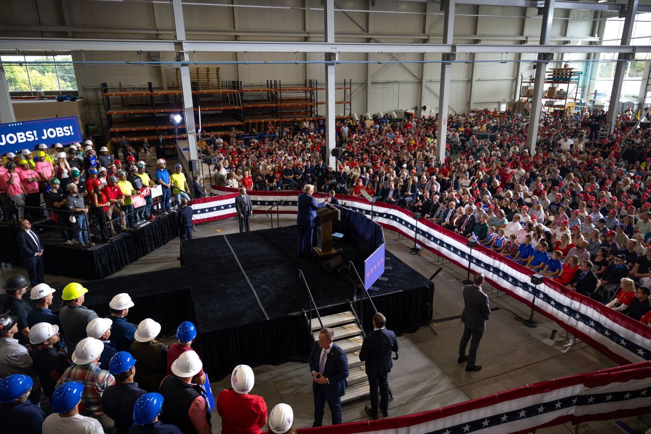 Former President Donald Trump speaks at a campaign event in Walker, Michigan, on September 27.