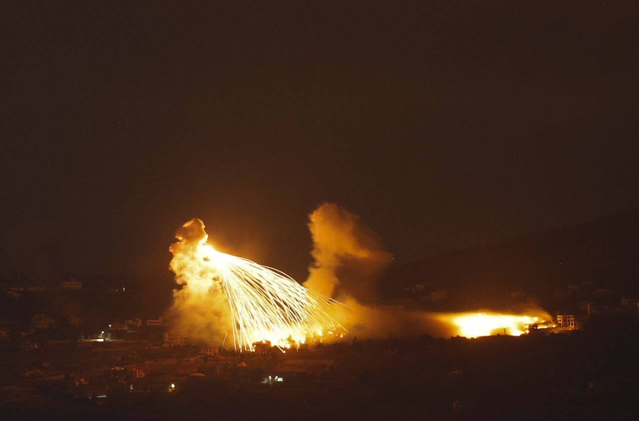 This picture taken from northern Israel along the border with southern Lebanon, shows a fire following Israeli bombardment on September 30.