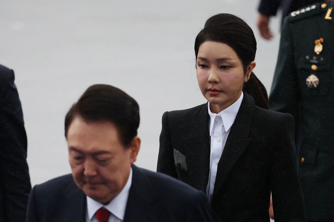 South Korean President Yoon Suk Yeol and his wife Kim Keon Hee arrive for a celebration to mark 76th anniversary of Korea Armed Forces Day in Seongnam on October 1, 2024.