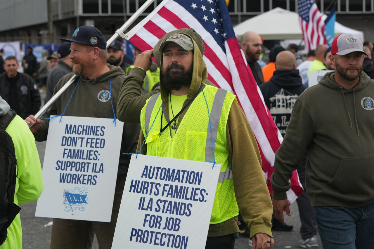 Dockworkers at the Maher Terminals in Port Newark are on strike on October 1 in New Jersey.