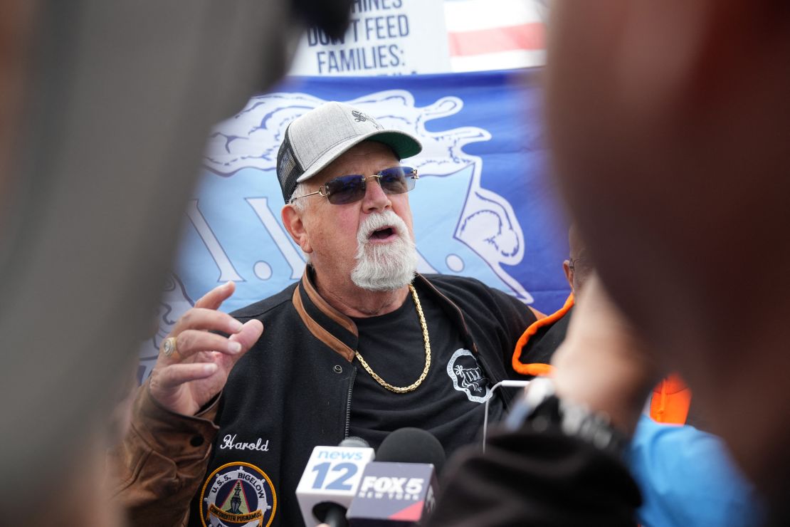 Harold Daggett, president of the International Longshoremen's Association, speaks as dockworkers at the Port of New York and New Jersey on October 1, the first day of the strike at 36 facilities along the East and Gulf Coasts.