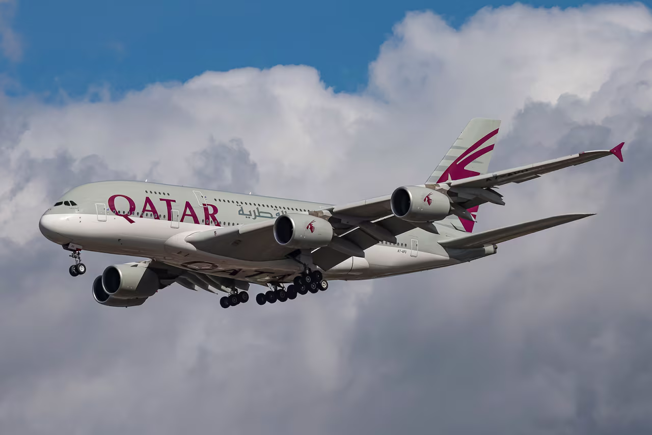 A Qatar Airways Airbus A380 double decker passenger aircraft.