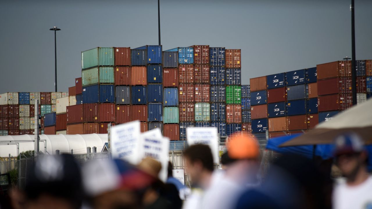 Dockworkers strike at the Bayport Container Terminal in Seabrook, Texas, on October 1, 2024. Officials at 14 ports along the US East and Gulf Coasts were making last-minute preparations on September 30 for a likely labor strike that could drag on the US economy just ahead of a presidential election -- despite last-minute talks. (Photo by Mark Felix / AFP) (Photo by MARK FELIX/AFP via Getty Images)