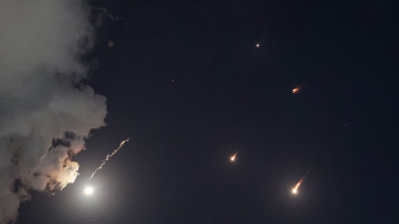 Projectiles are seen being intercepted by Israel above Tel Aviv on Monday.