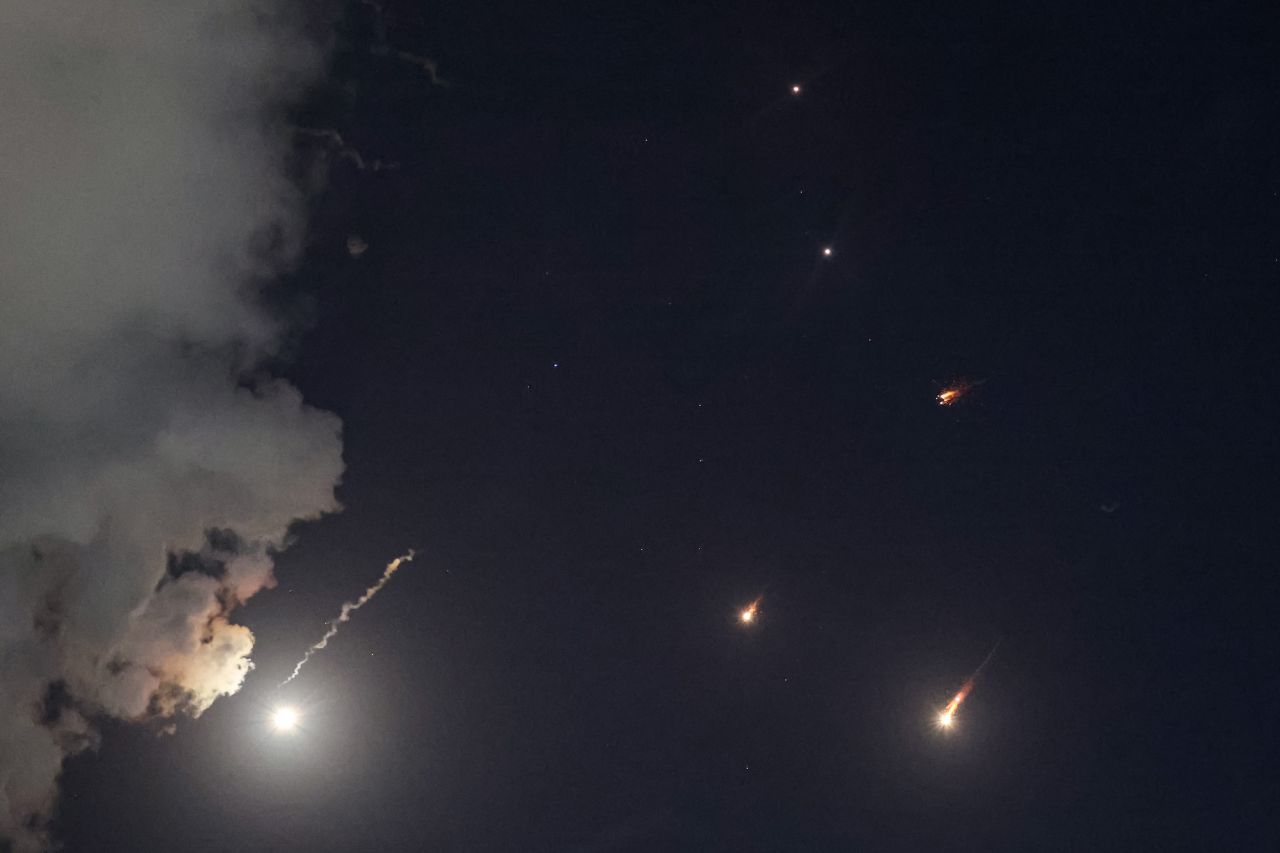 Projectiles are seen being intercepted by Israel above Tel Aviv on Monday.