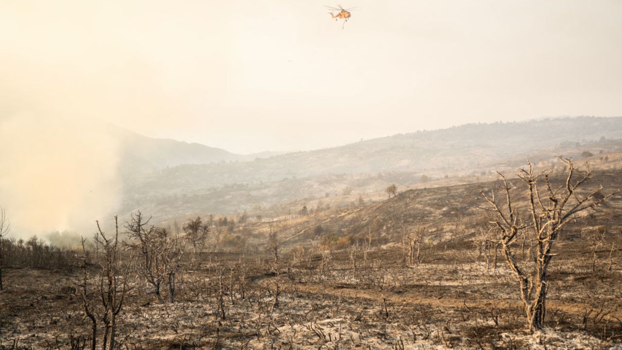 Smoke rises during a wildfire in the village of Sofiana, about 142 km west of Athens, on October 1, 2024. Hundreds of firefighters battled for a third day on October 1, 2024, to contain a forest wildfire in Greece's Peloponnese peninsula that killed two people, a minister said. (Photo by Angelos TZORTZINIS / AFP) (Photo by ANGELOS TZORTZINIS/AFP via Getty Images)