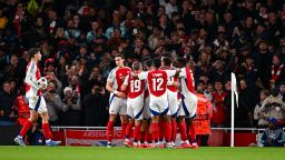 Bukayo Saka celebrates his goal with teammates during the UEFA Champions League match between Arsenal and Paris Saint Germain at Emirates Stadium.