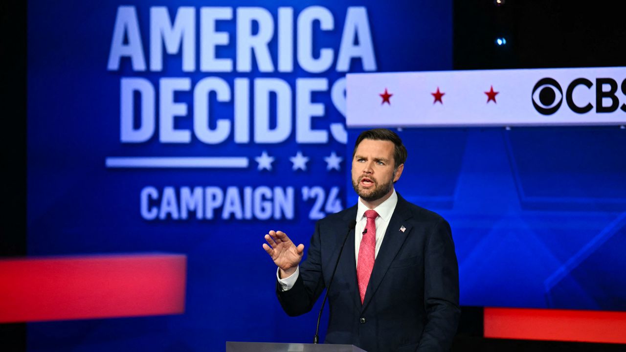 US Senator and Republican vice presidential candidate J.D. Vance speaks during the Vice Presidential debate with Minnesota Governor and Democratic vice presidential candidate Tim Walz, hosted by CBS News at the CBS Broadcast Center in New York City on October 1, 2024. (Photo by ANGELA WEISS / AFP) (Photo by ANGELA WEISS/AFP via Getty Images)