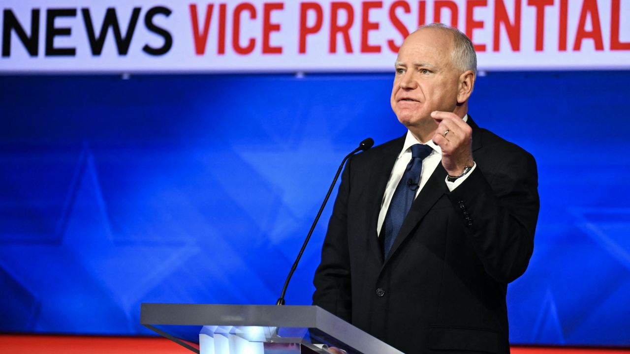 Minnesota Governor and Democratic vice presidential candidate Tim Walz speaks during the Vice Presidential debate with US Senator and Republican vice presidential candidate J.D. Vance, hosted by CBS News at the CBS Broadcast Center in New York City on October 1, 2024. (Photo by ANGELA WEISS / AFP) (Photo by ANGELA WEISS/AFP via Getty Images)