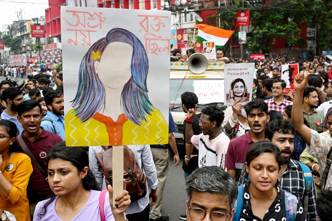 Doctors and social activists march during a rally to condemn the rape and murder of a doctor in Kolkata on October 2, 2024.