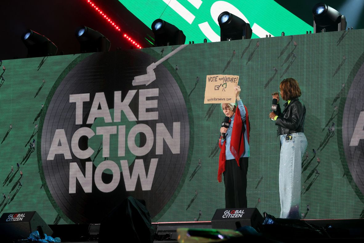Goodall and Gayle King speak at the Global Citizen Festival in New York in 2024.