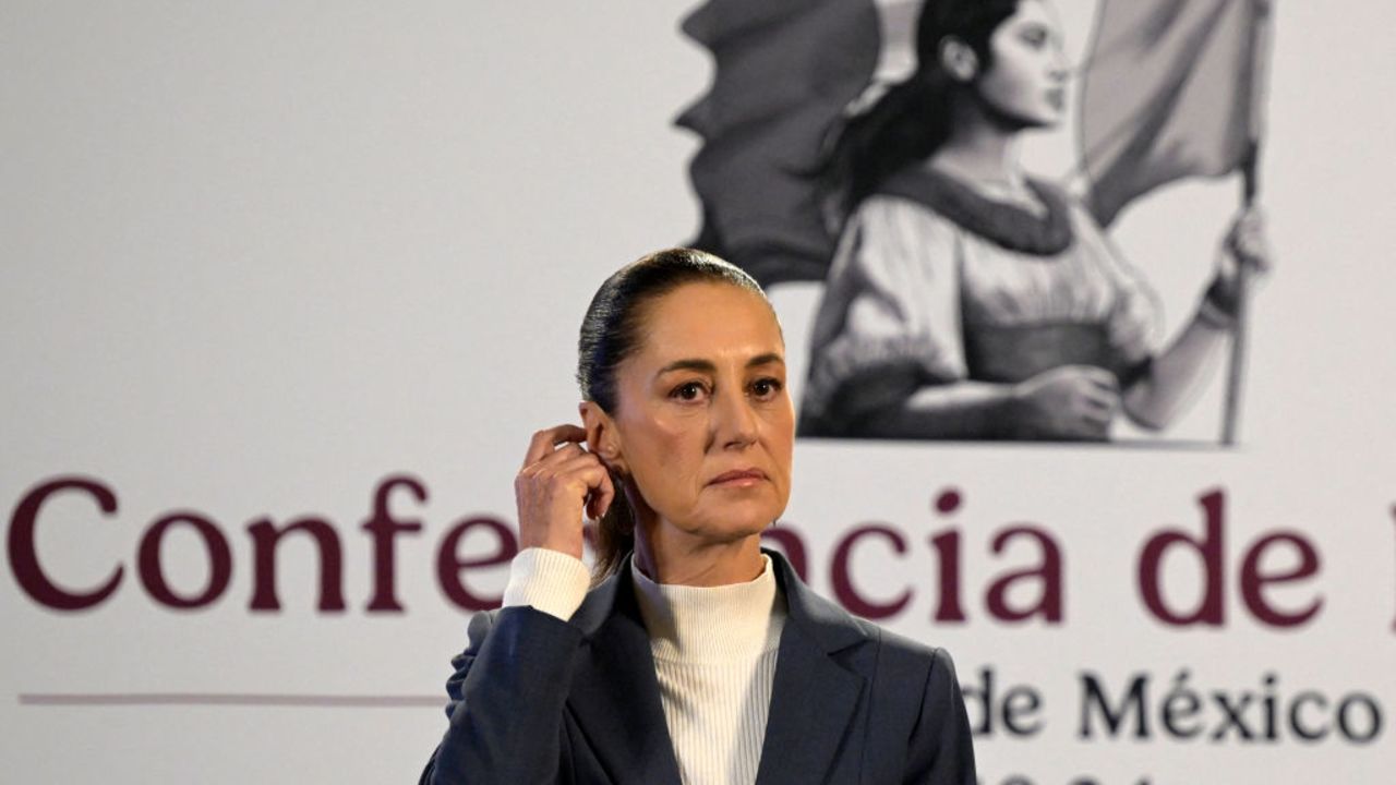 Mexico's President Claudia Sheinbaum gestures during her first morning conference at the National Palace in Mexico City on October 2, 2024. Claudia Sheinbaum was sworn in Tuesday as Mexico's first woman president, inheriting a country beset by gang violence and economic uncertainty over controversial reforms passed by her powerful ruling party. (Photo by Alfredo ESTRELLA / AFP) (Photo by ALFREDO ESTRELLA/AFP via Getty Images)